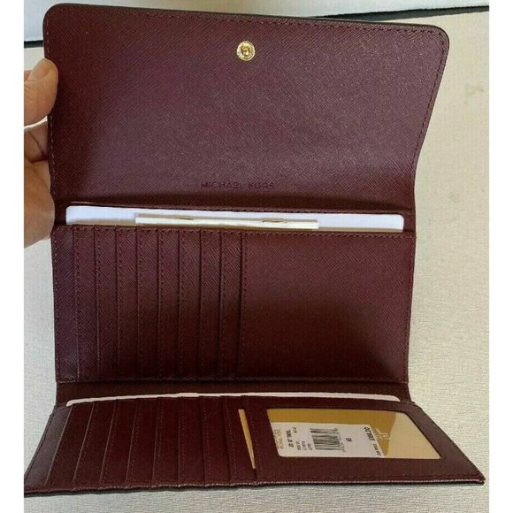 New Michael Kors Jet Set Travel Large Trifold Wallet Leather Merlot - Picture 3 of 5
